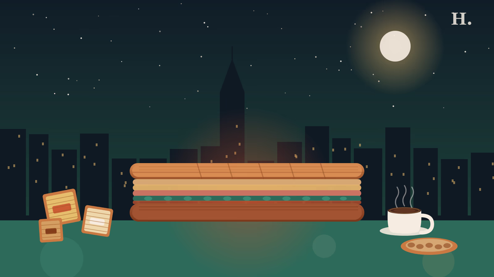 Cuban food Houston illustration: pressed Cuban sandwich, pastelitos and espresso cup against the night skyline