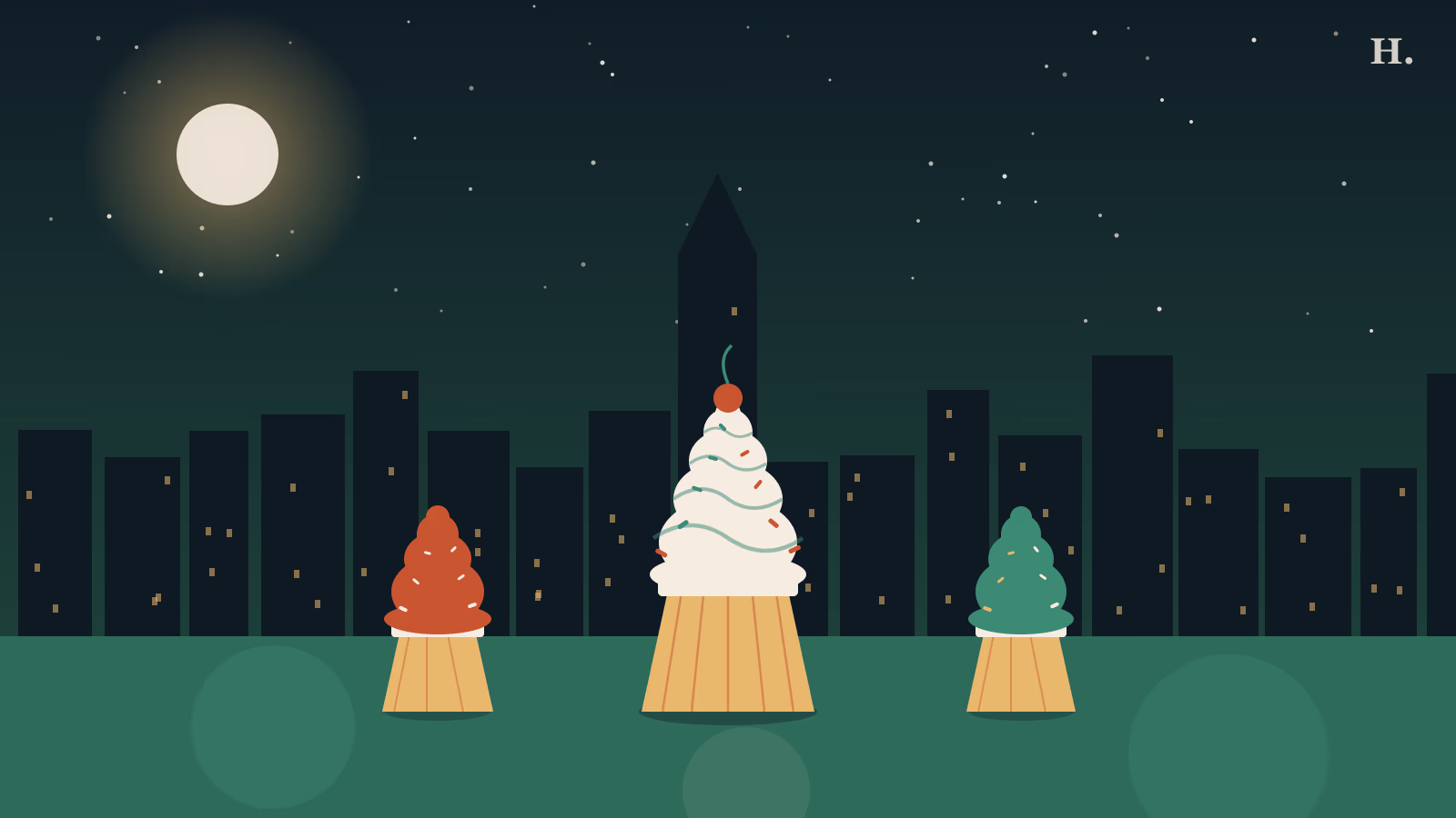 Best cupcakes Houston illustration: three colorful cupcakes under a night sky with Houston skyline