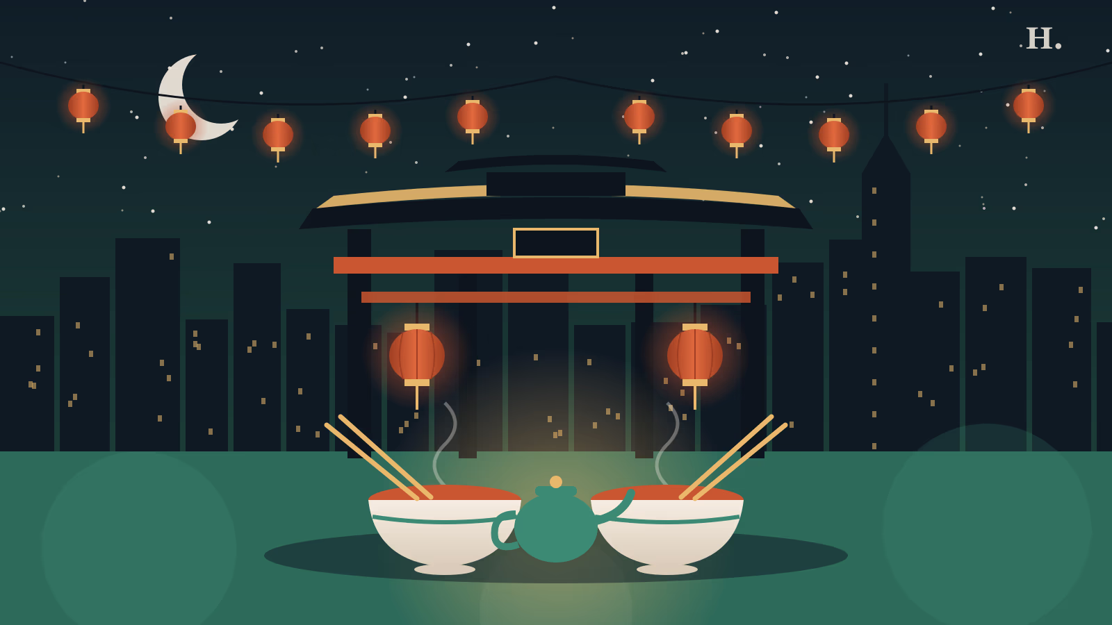 Illustrated Chinatown gate with red lanterns and two bowls for a date night Chinatown dinner