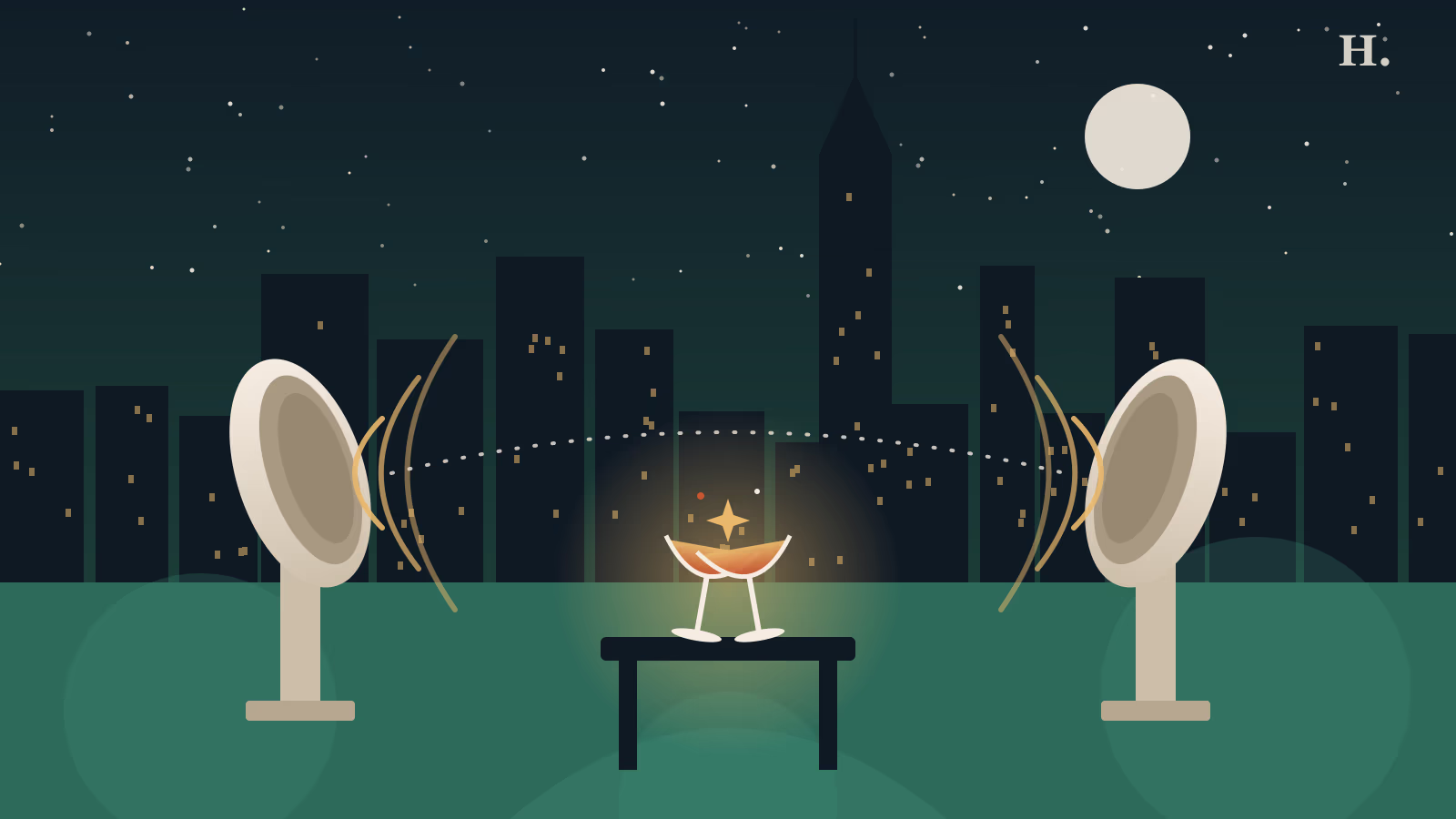 Date night Downtown Houston illustration: two whisper sculptures, clinking cocktail glasses and the skyline at night
