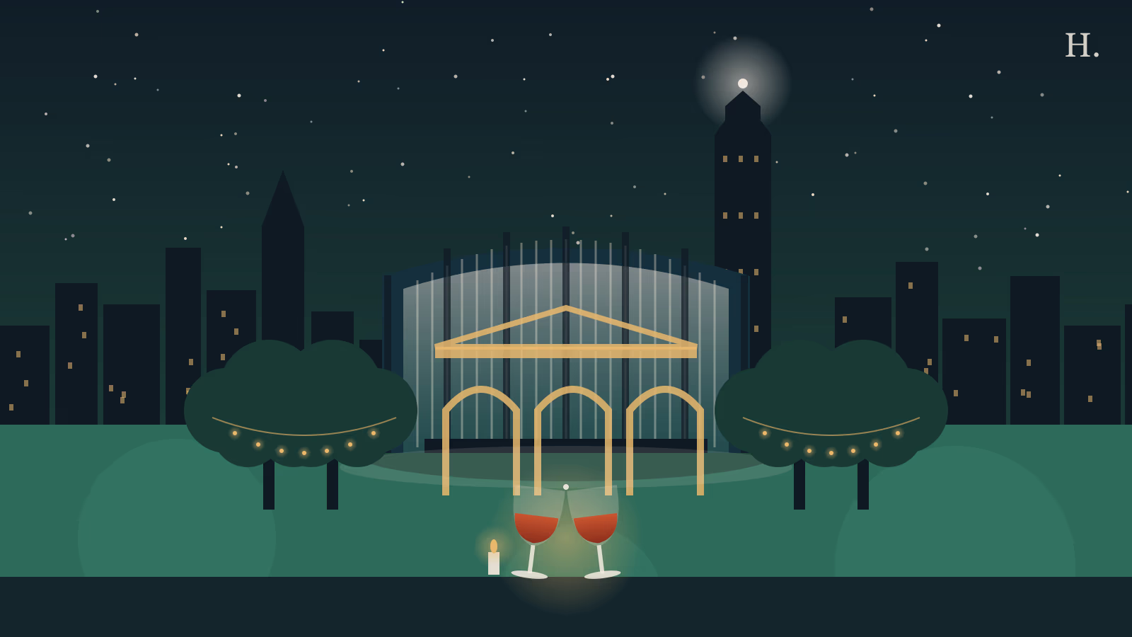 Date night Galleria and Uptown illustration: two wine glasses before the lit Waterwall and live oaks