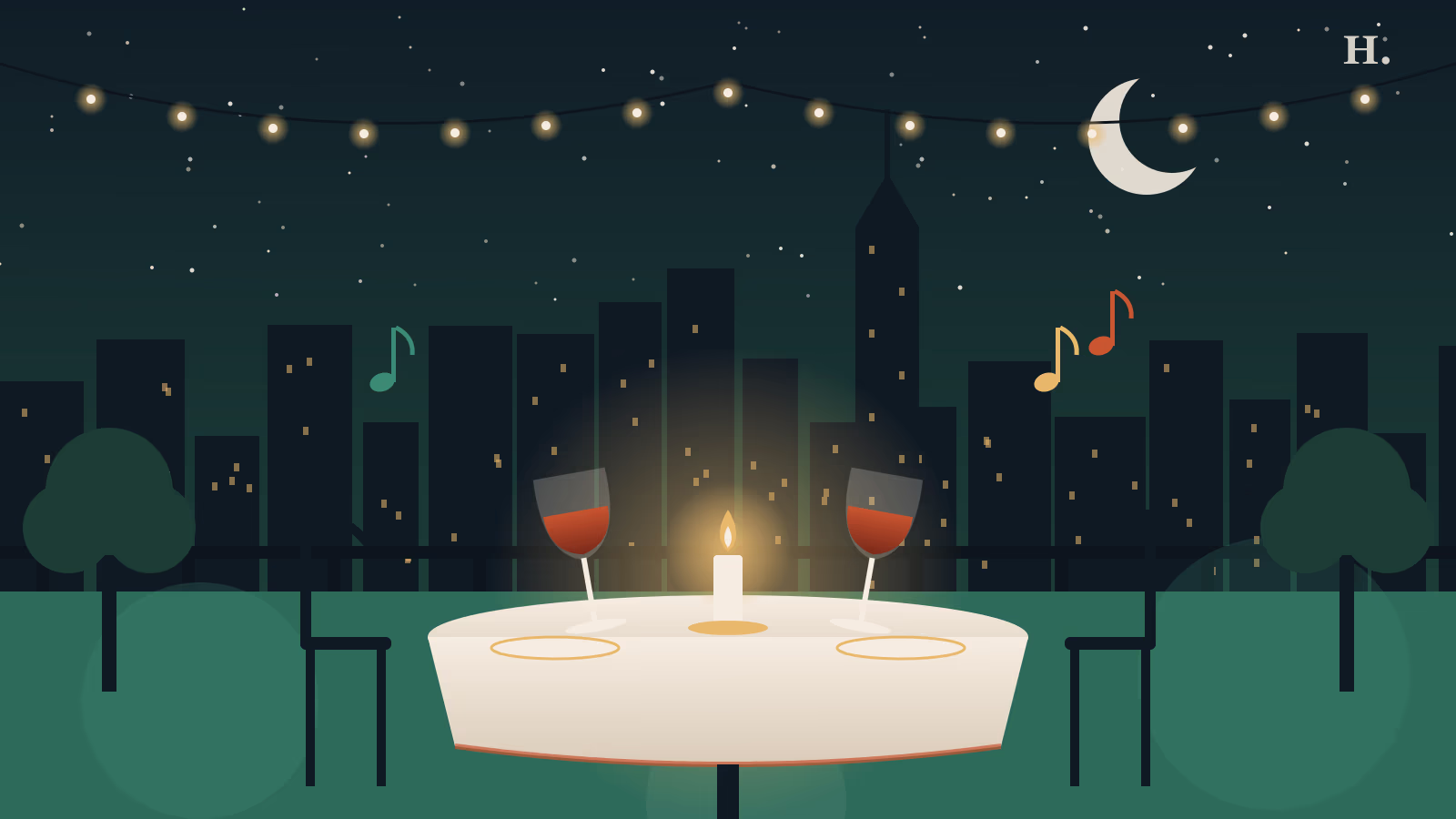 Date night Midtown Houston illustration: candlelit table for two, wine glasses, downtown skyline