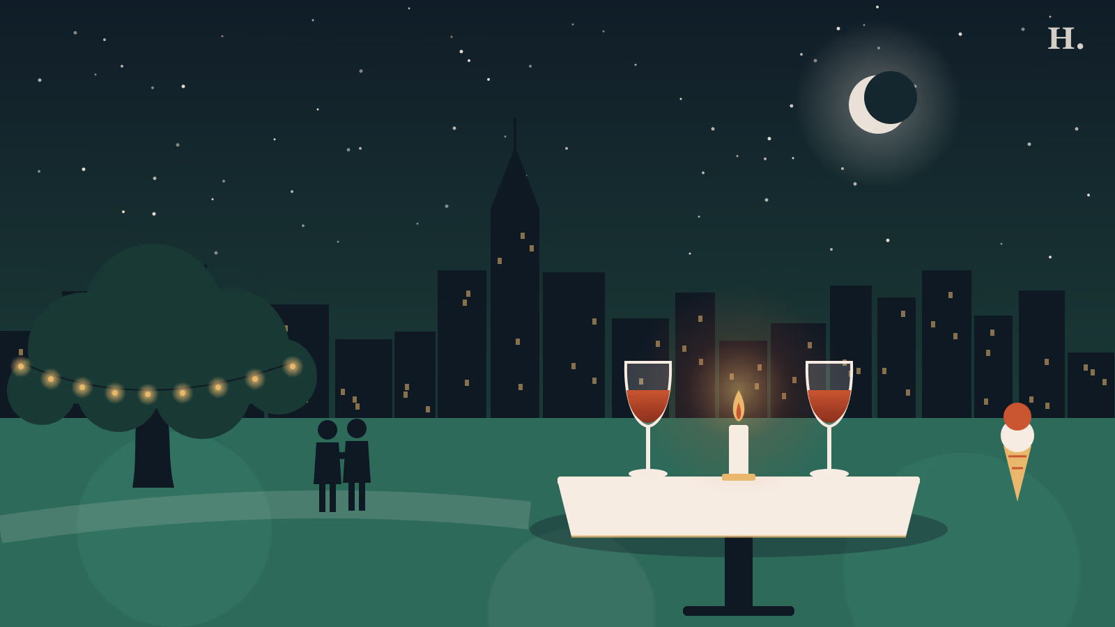 Date night Montrose illustration: candlelit table for two, wine glasses and a couple under live oaks