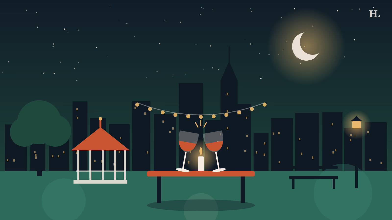 Illustration of date night in the Heights: wine glasses, candle, gazebo and skyline