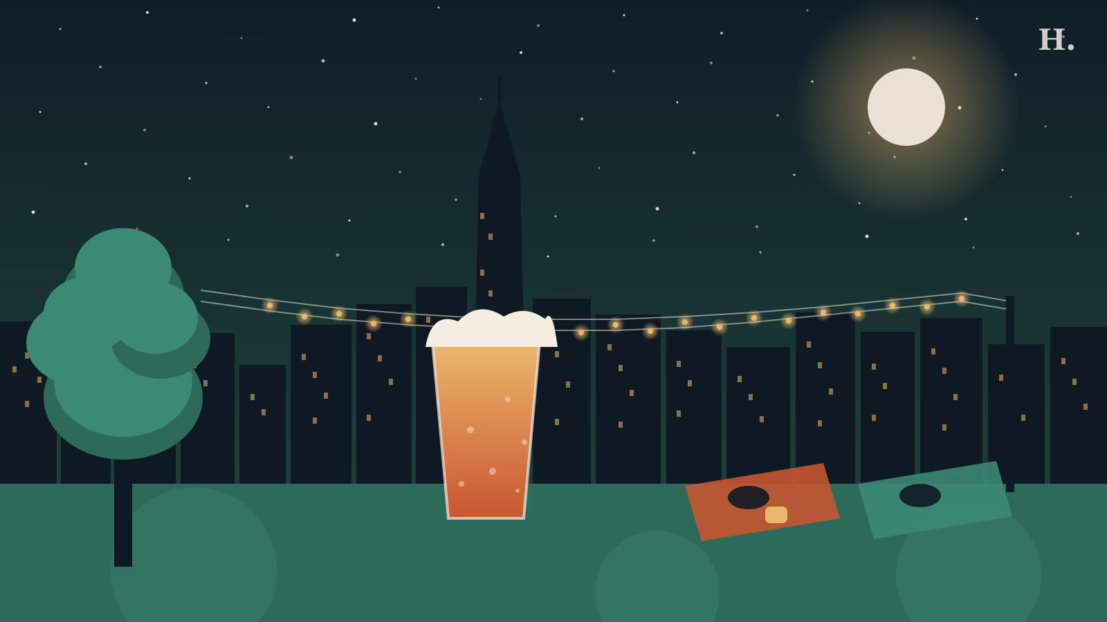 Day drinking in Houston illustration: pint glass with foam, oak tree silhouette, cornhole boards and string lights