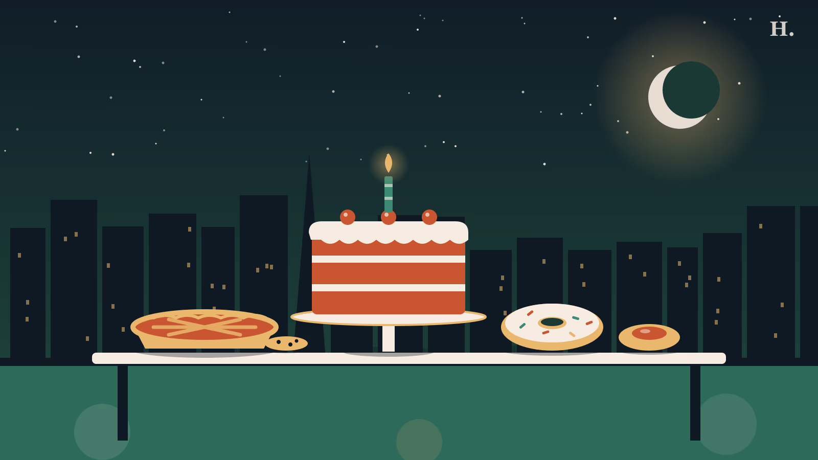 Best desserts in Houston illustration: layer cake, pie, doughnut and kolache under the night skyline