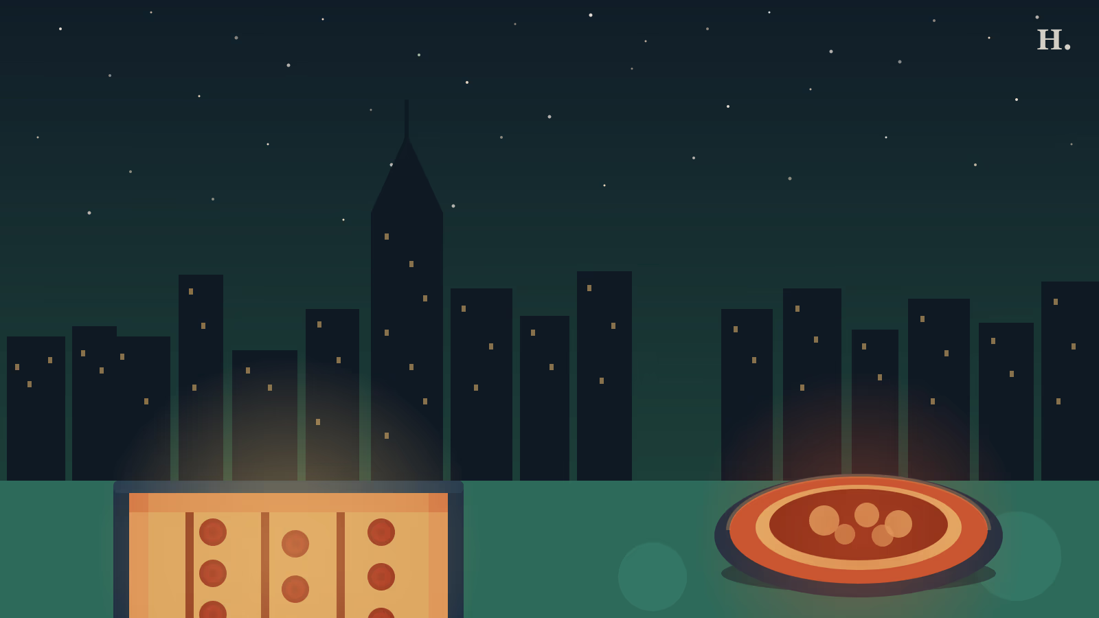 Detroit-style square pizza and deep-dish pan pies under the Houston night skyline
