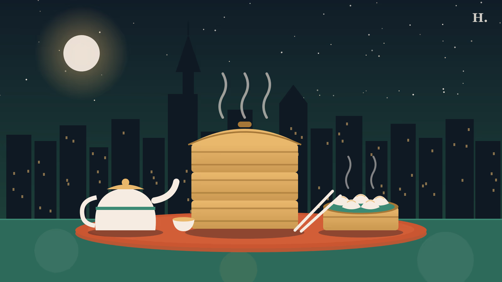 Illustration of steaming bamboo dim sum baskets and a teapot before the Houston skyline at night, for dim sum Houston