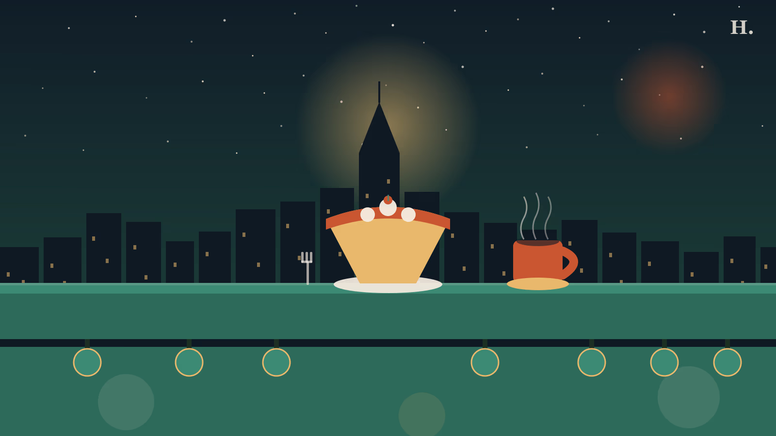 Classic diners in Houston illustration: diner counter with stools, pie slice, and coffee mug at night