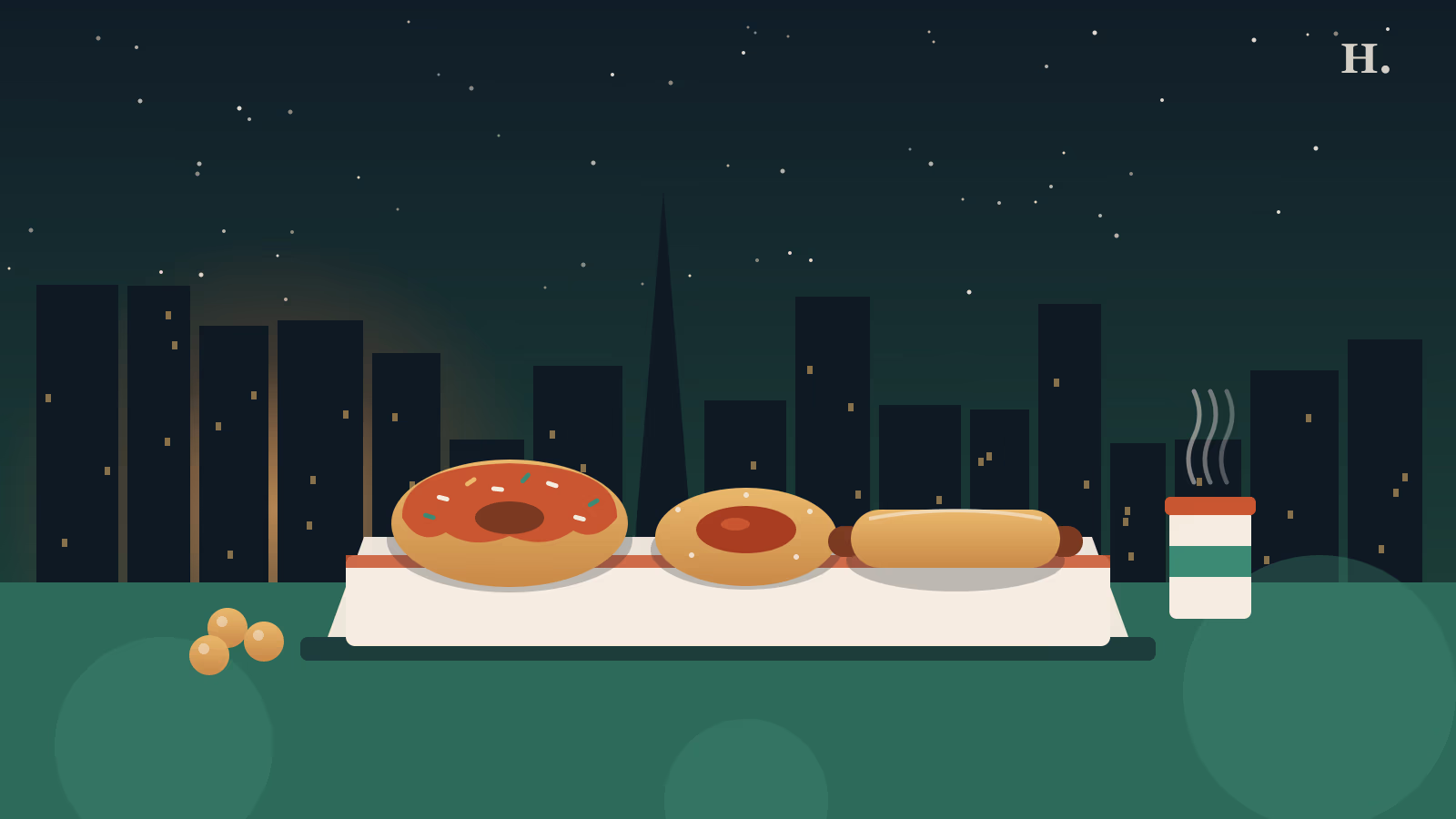 Best kolaches Houston illustration: glazed donut, fruit kolache, klobasnek and coffee before the skyline