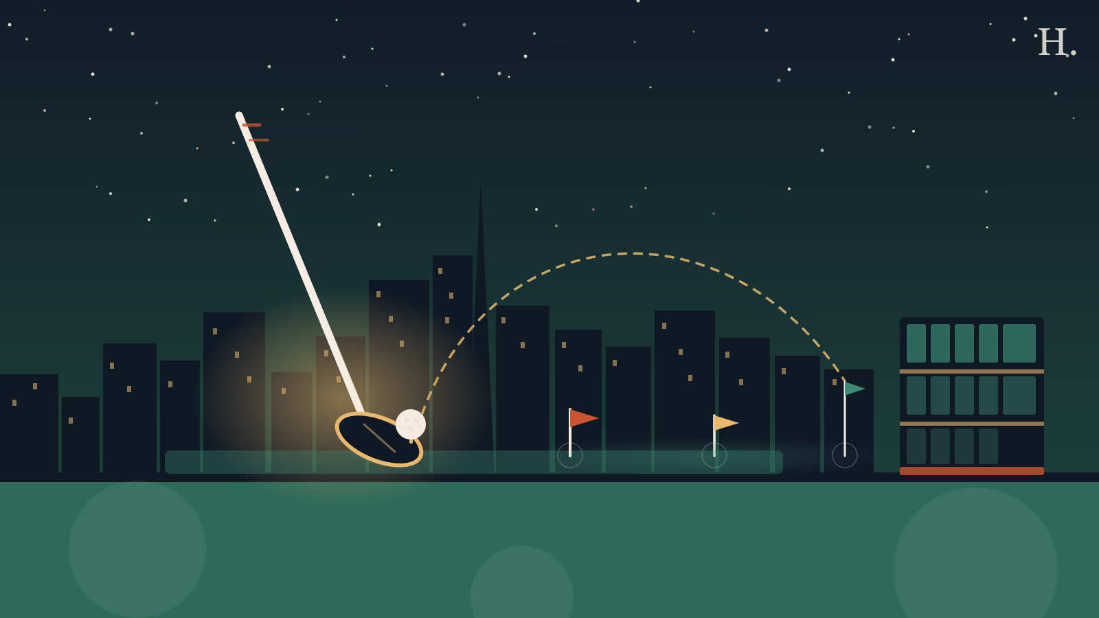 Driving range Houston illustration: golf driver swing, ball arc toward skyline flags at night