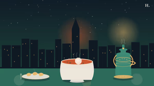Russian restaurants Houston illustration: borscht bowl, golden pierogi plate, and samovar at night