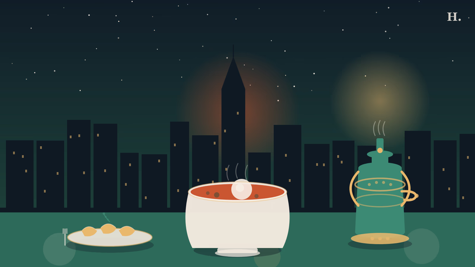 Russian restaurants Houston illustration: borscht bowl, golden pierogi plate, and samovar at night
