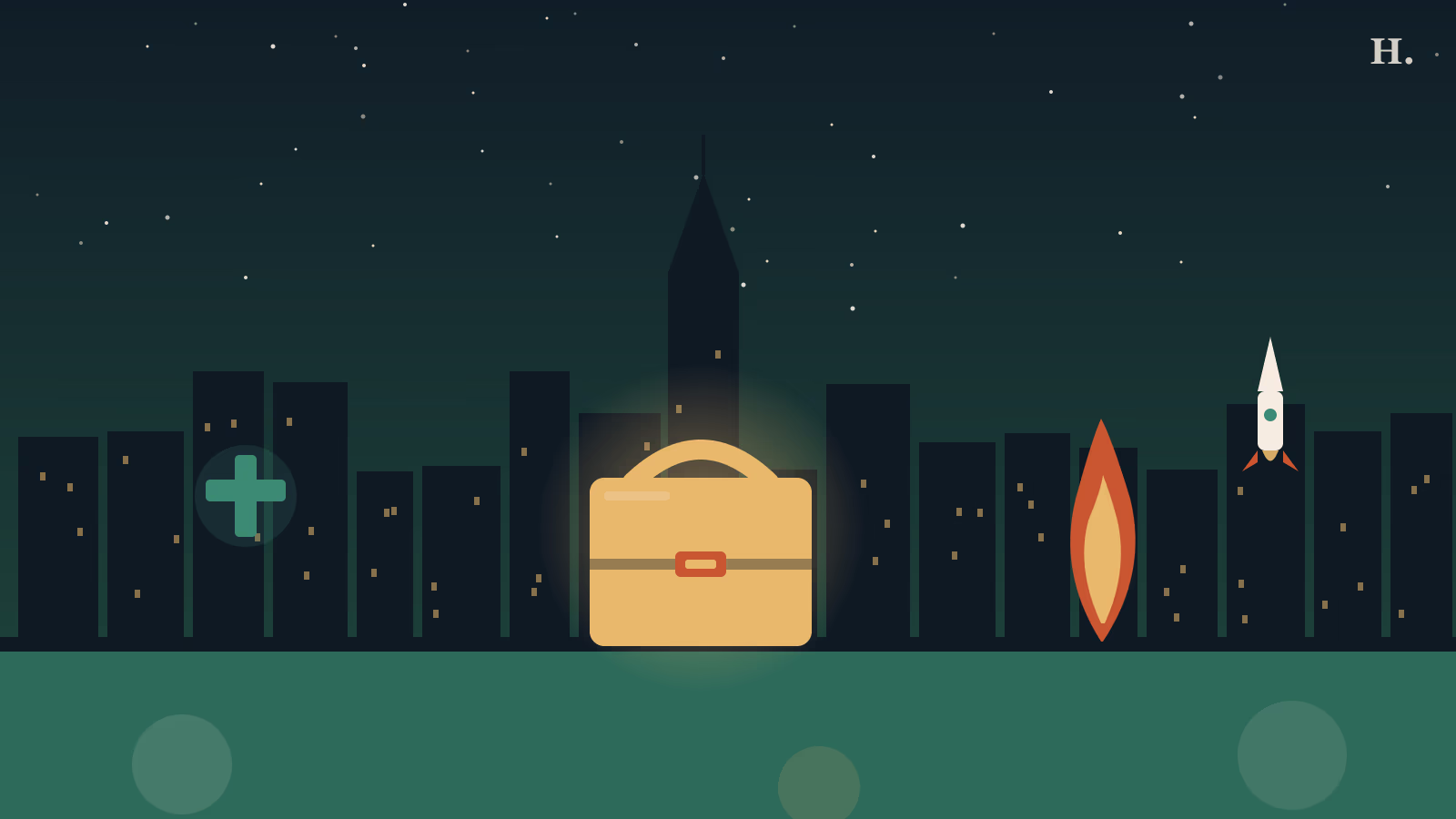 Best companies to work for Houston: gold briefcase against downtown night skyline with medical cross and energy flame