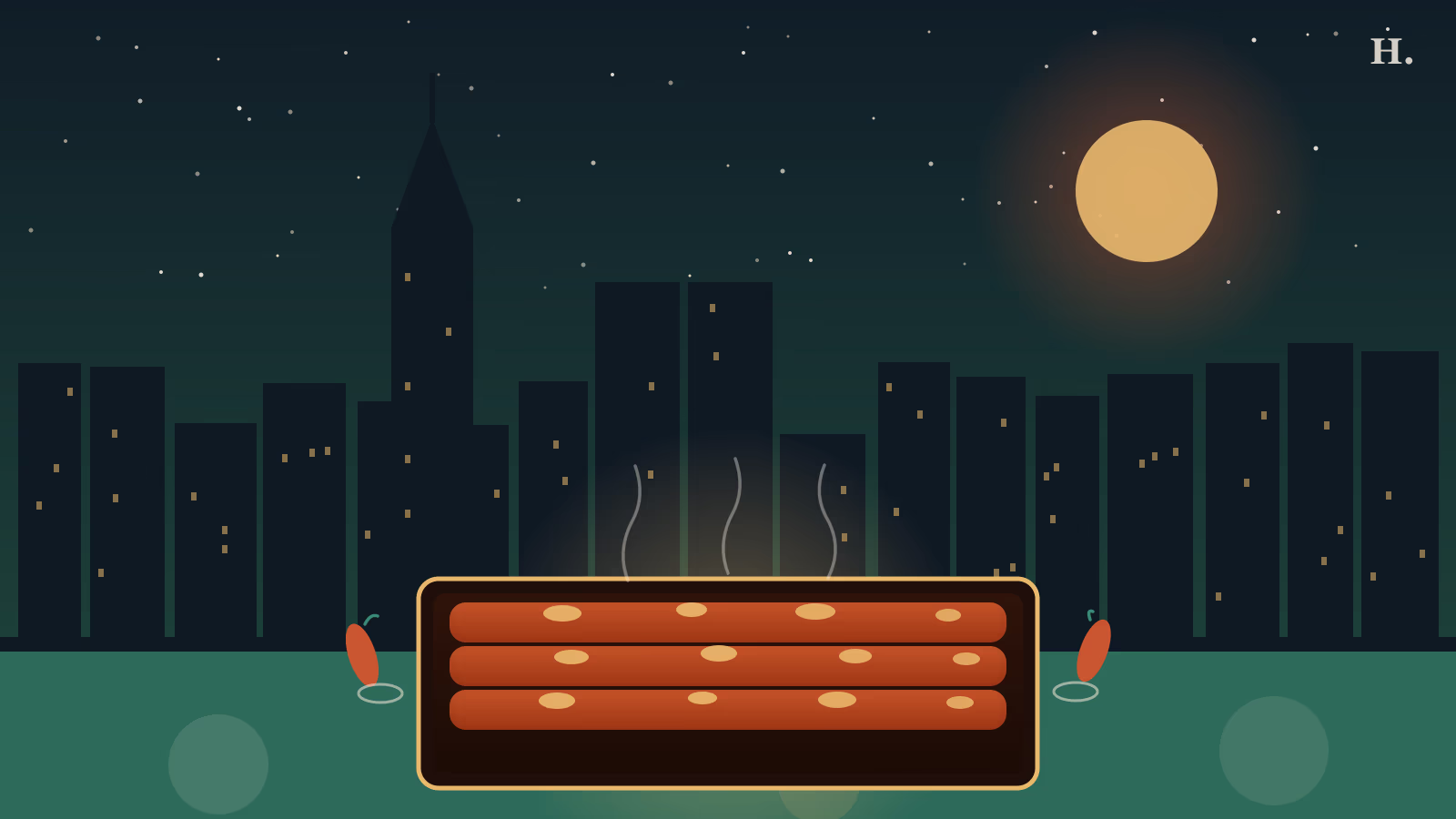 Three cheese enchiladas in chili sauce on a platter, Houston night skyline behind