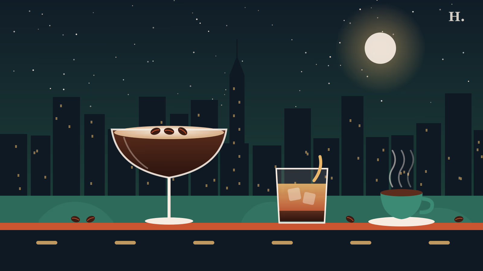 Illustrated espresso martini, carajillo and coffee cup before the Houston skyline at night
