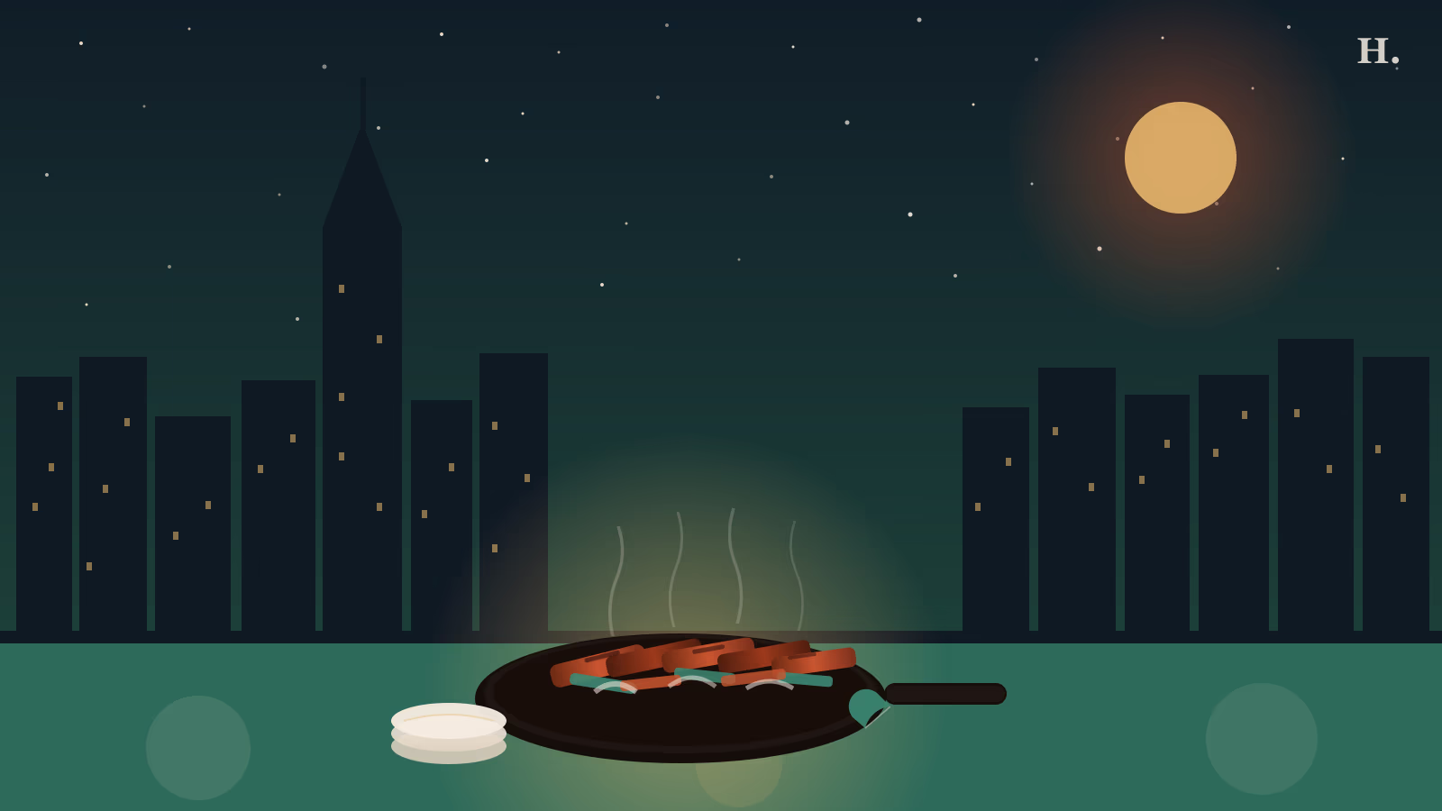 Best fajitas Houston illustration: sizzling cast iron skillet with steak strips against Houston skyline