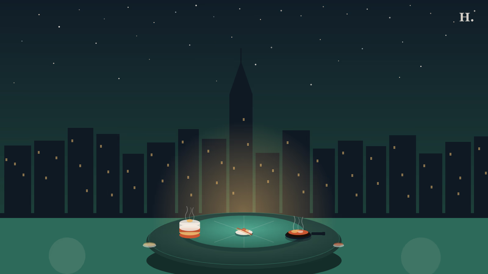 Family style restaurants Houston illustration: round table with lazy Susan, dim sum steamer, sizzling fajita skillet, and Houston skyline at night