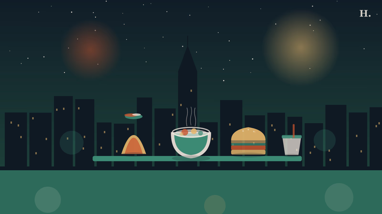 Best fast-casual restaurants in Houston night-sky illustration: grain bowl, taco and po'boy sandwich on a counter against the Houston skyline