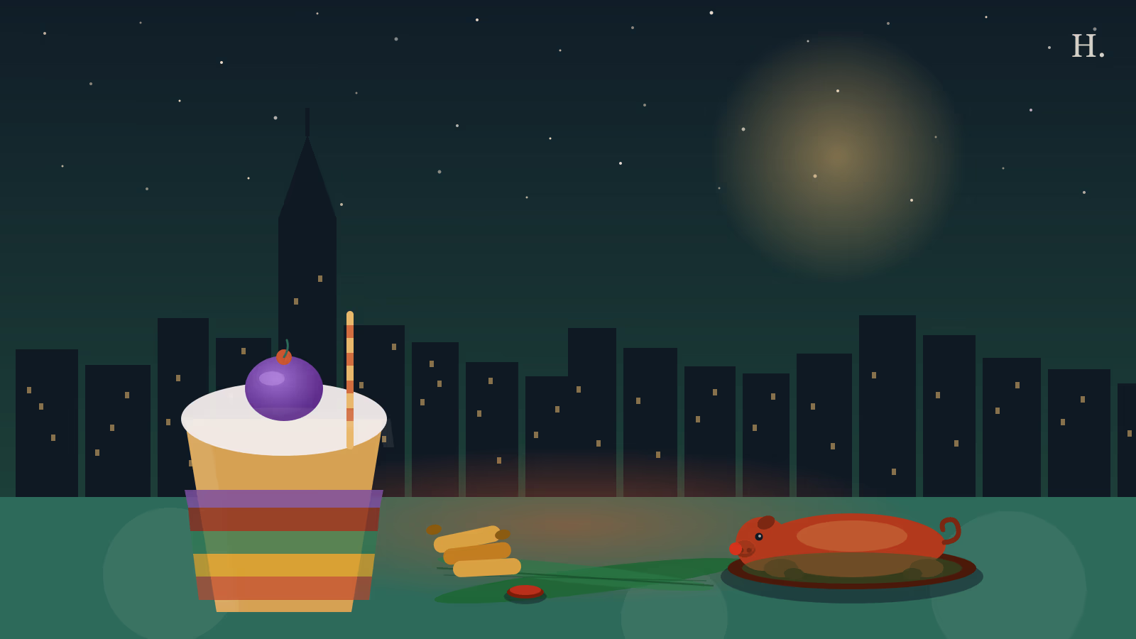 Filipino food Houston illustration: halo-halo dessert cup, lechon roast pig, lumpia, Houston skyline at night