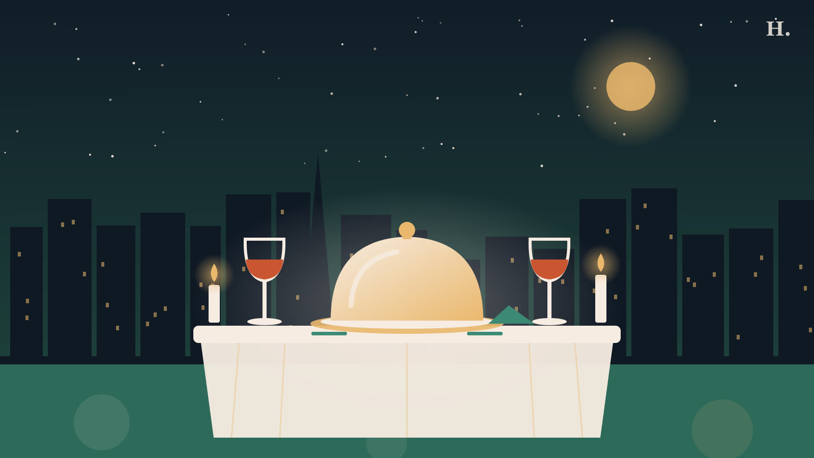 Fancy restaurants in Houston illustration: candlelit white tablecloth, silver cloche and wine before the skyline