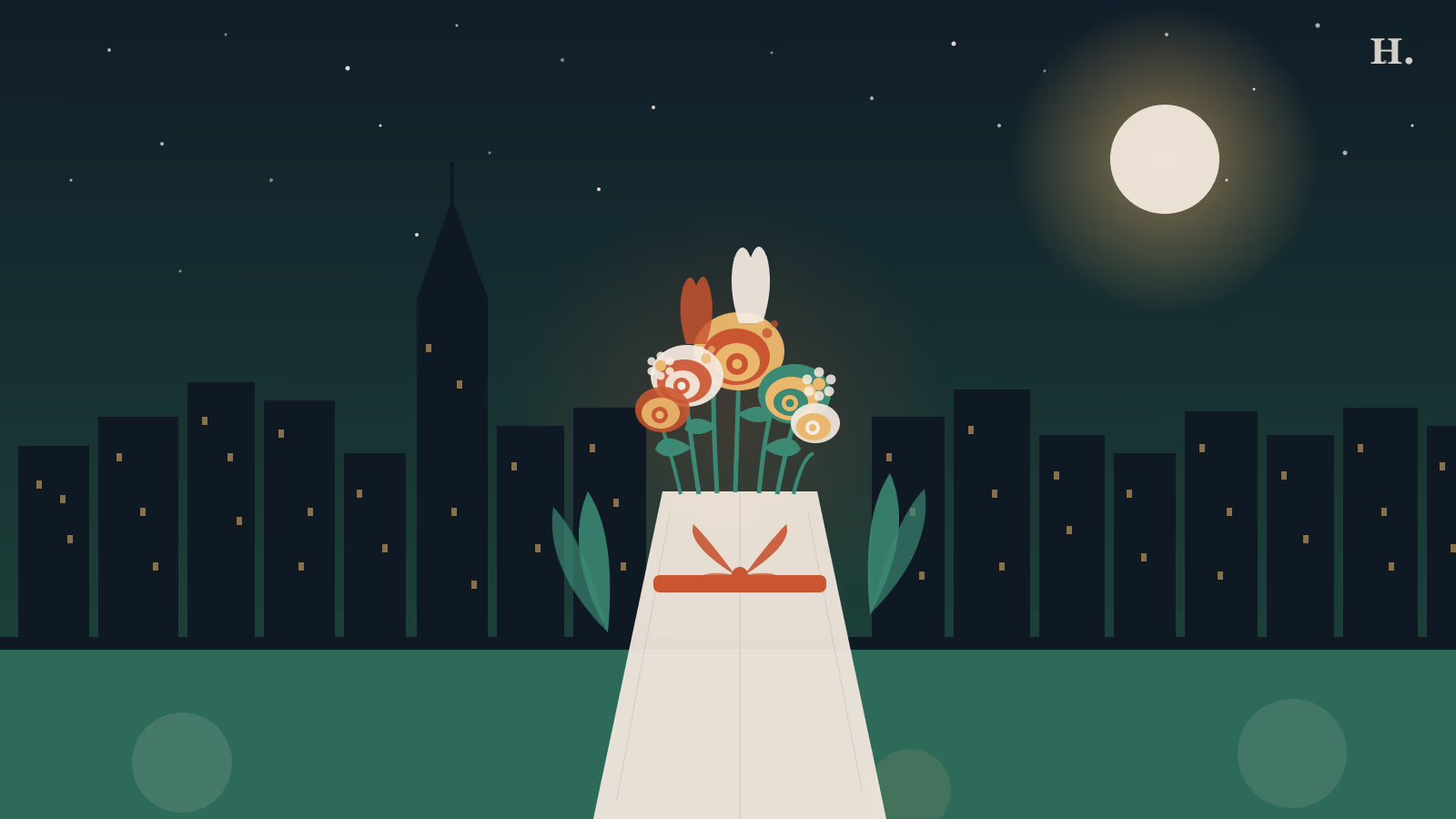 Best florists in Houston illustration: wrapped flower bouquet with roses and tulips against the Houston night skyline