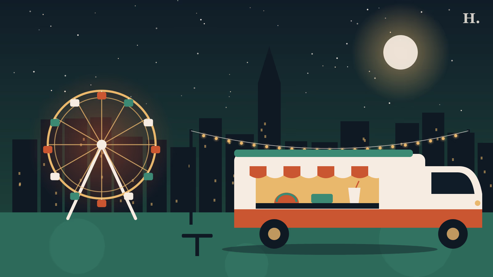 Food trucks Houston illustration: a food truck under string lights with a Ferris wheel and skyline