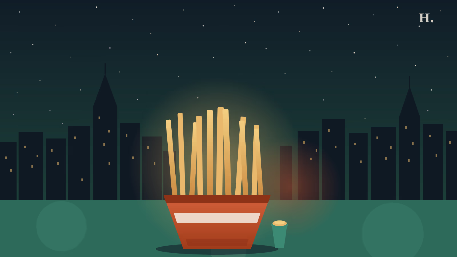 Best fries in Houston illustration: golden french fries in a carton with dipping sauce cup against the Houston night skyline
