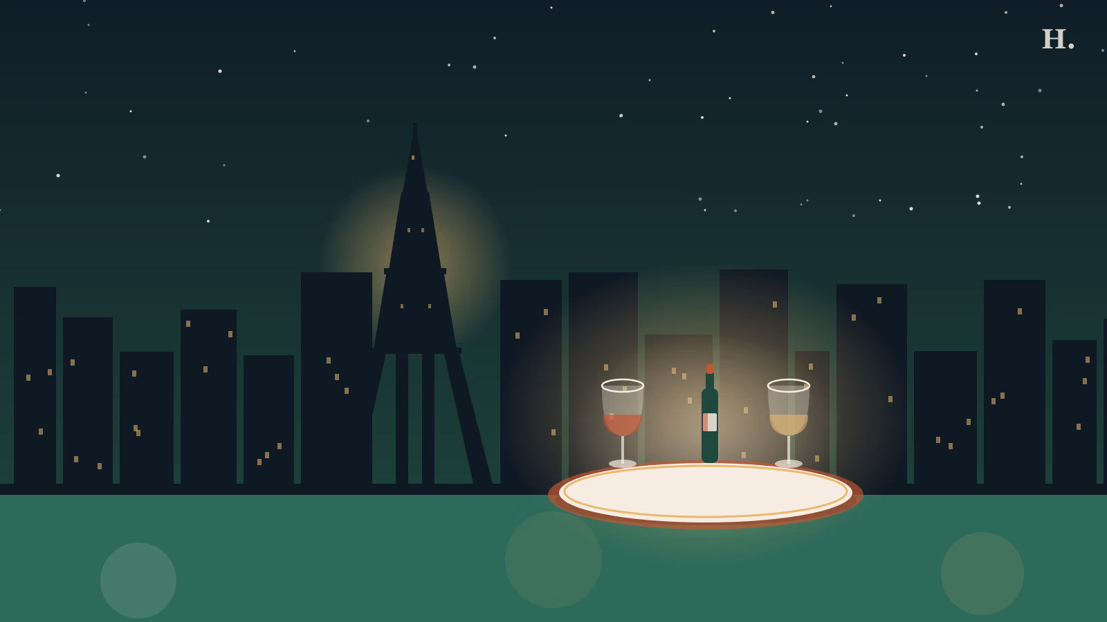 French restaurants in Houston illustration: Houston night skyline with spire, wine glasses and bottle on a bistro table in the foreground