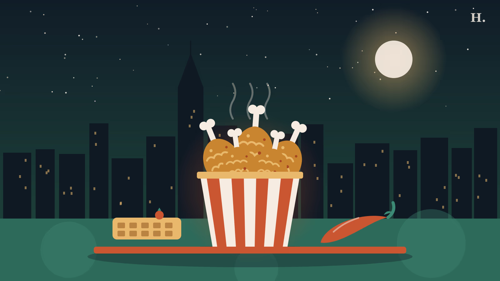 Illustration of a bucket of best fried chicken in Houston beneath the downtown skyline at night