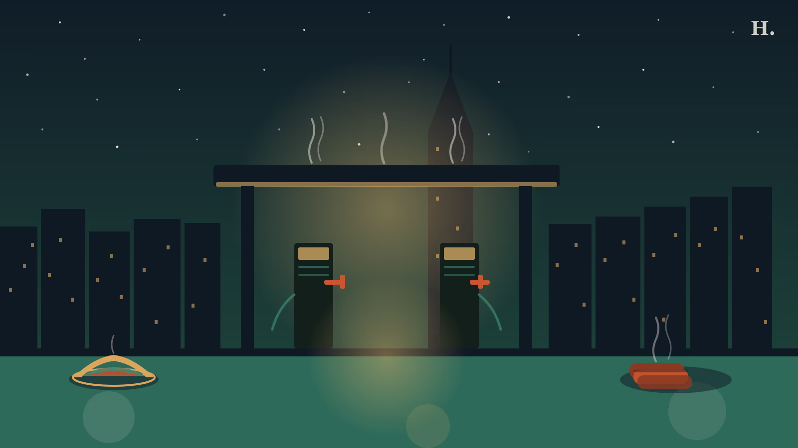 Gas station canopy and fuel pumps at night with a taco and brisket in the foreground, Houston skyline behind, illustrating gas station restaurants Houston