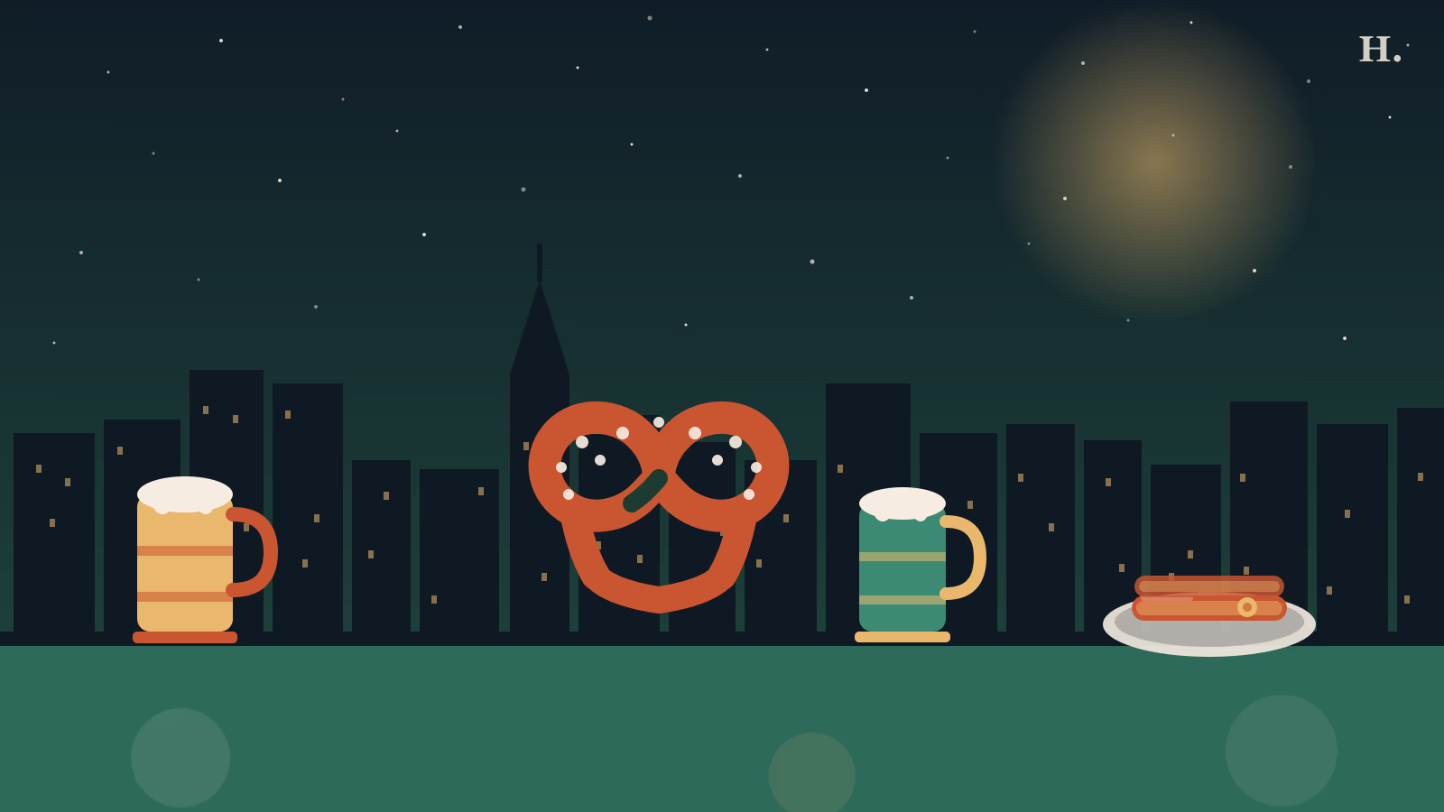German restaurants Houston illustration: beer steins, pretzel, and sausage plate against Houston skyline at night