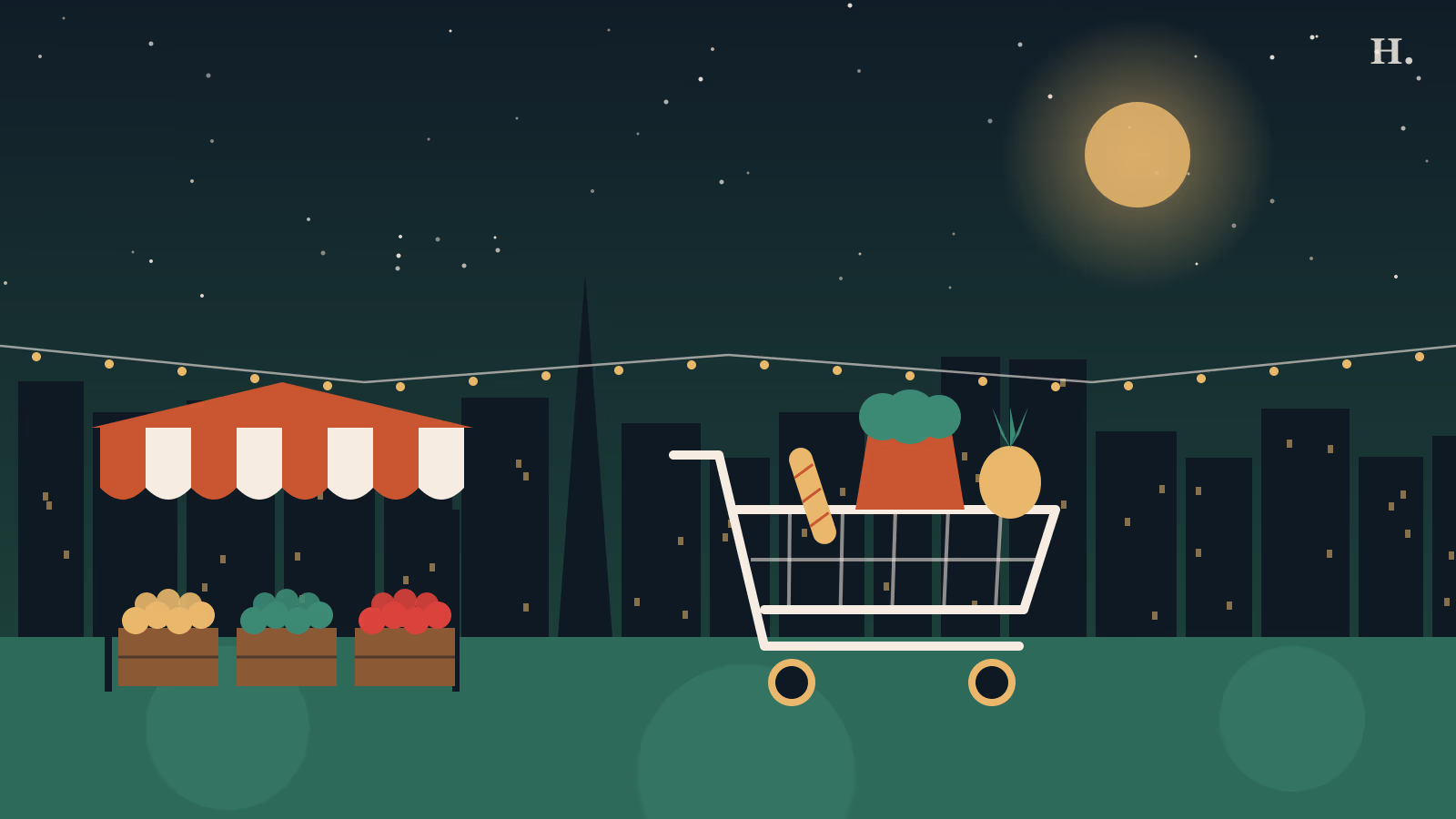 Grocery store Houston illustration: a shopping cart and produce stand under the night skyline