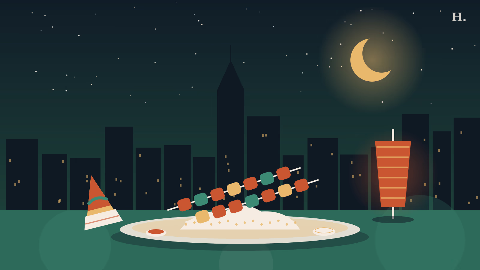 Halal restaurants Houston illustration: shawarma, kabob skewers and a crescent moon over the skyline