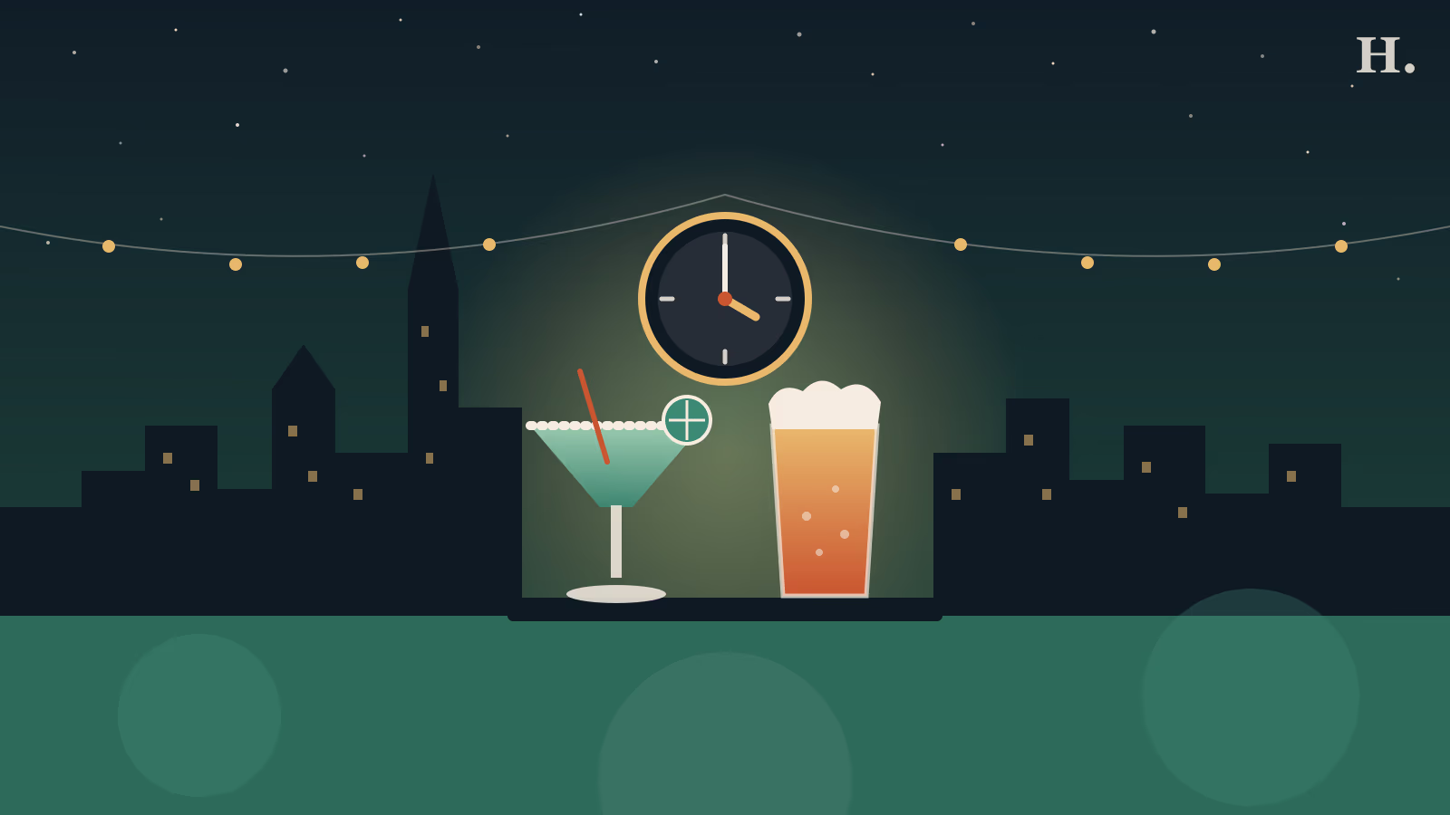 Happy hours Conroe illustration: margarita, beer pint and a clock at four o'clock
