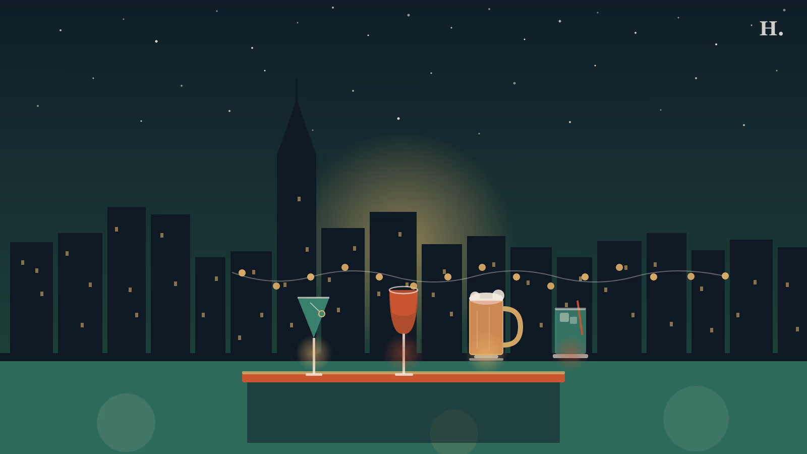 Happy hours in Cypress TX illustration: cocktail glasses, wine bottles and bar lights against a Houston night sky