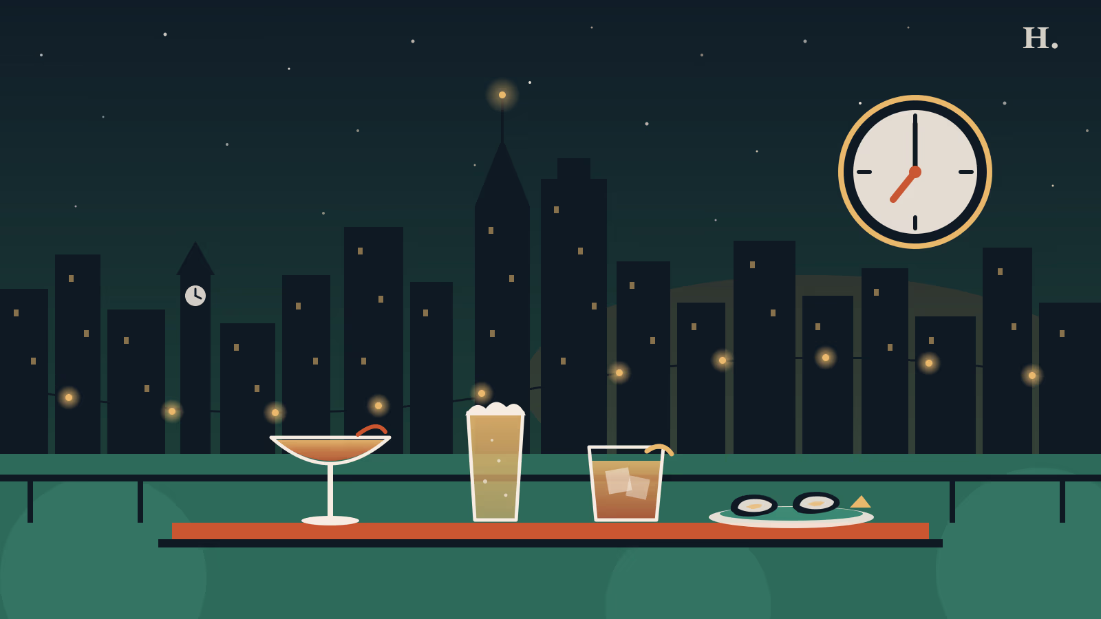 Happy hours downtown Houston illustration: cocktails, a pint and oysters on a rooftop at dusk
