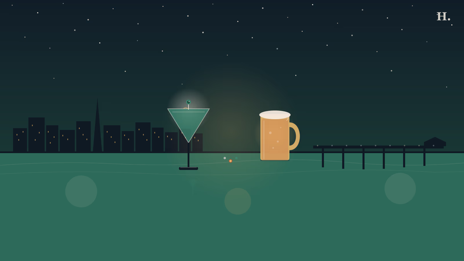 Happy hours in Galveston illustration: martini glass and beer mug silhouetted against a coastal night sky with pier and waterfront