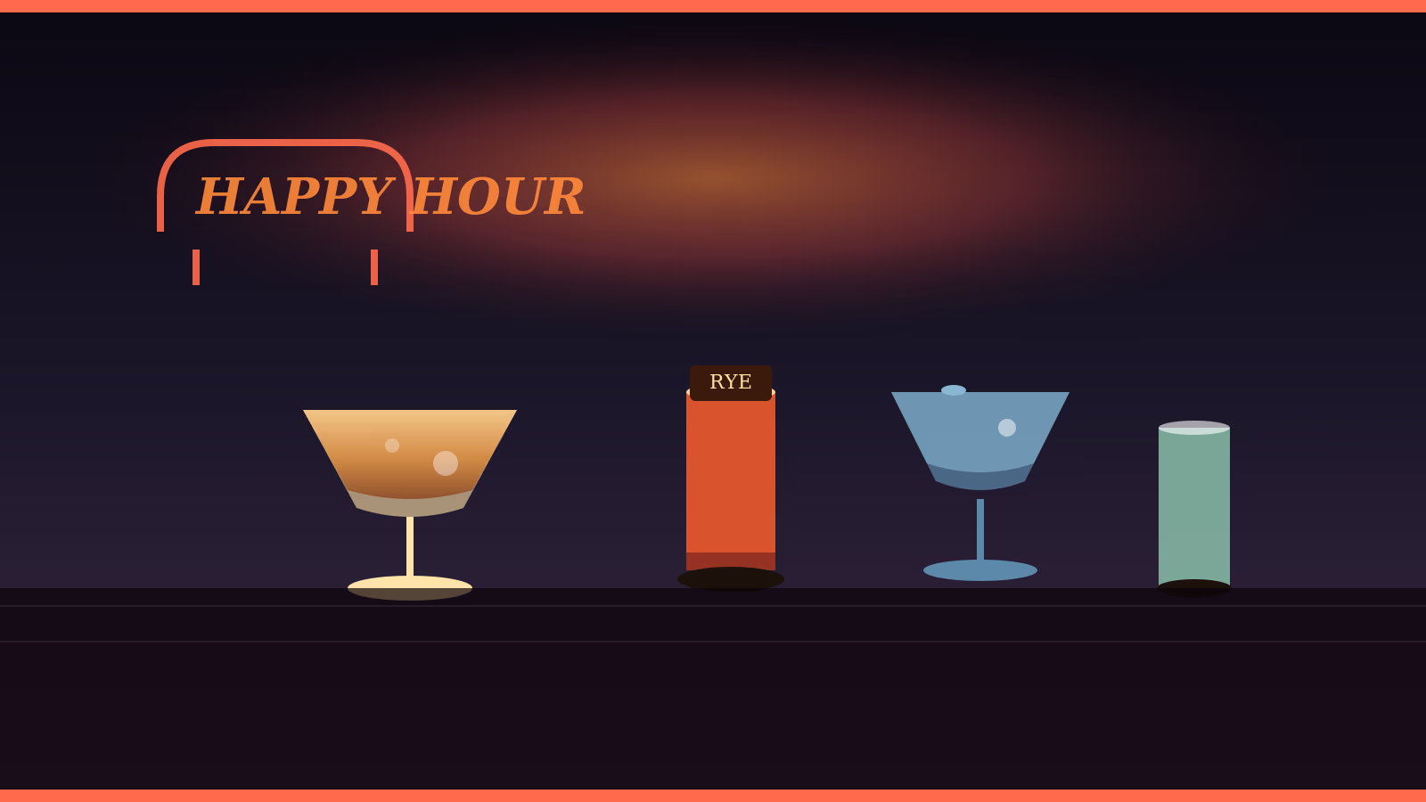 Neon happy hour sign over bar with whiskey sour rye glass cocktail and beer mug illustrating best happy hour in Houston guide