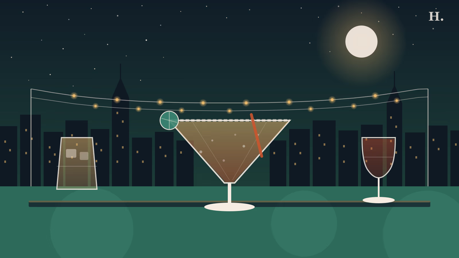 Best happy hours in Katy TX illustration: margarita glass and string lights against Houston night skyline