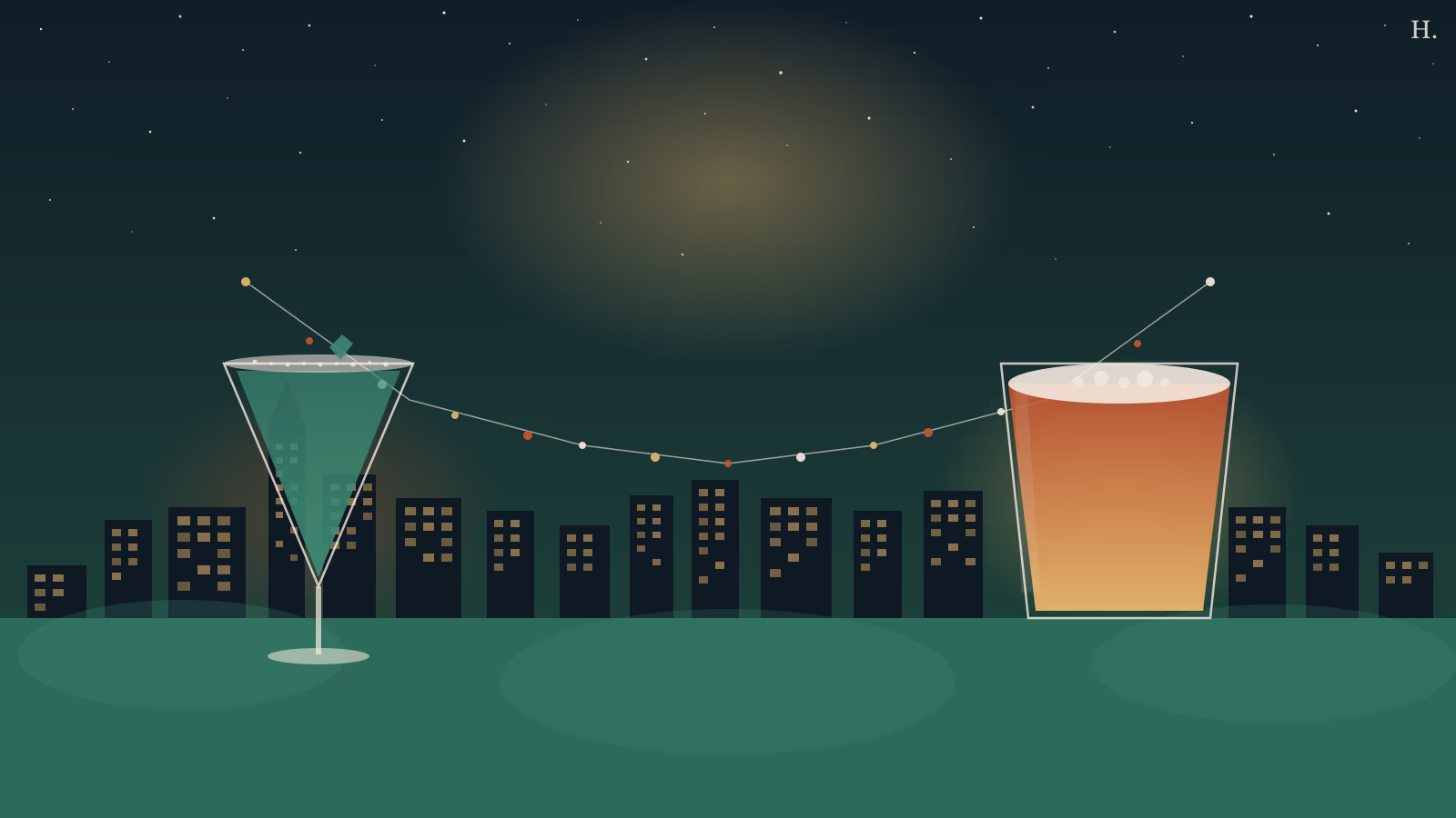 Happy hours in Pearland illustration: margarita glass and pint glass under string lights and Houston night skyline