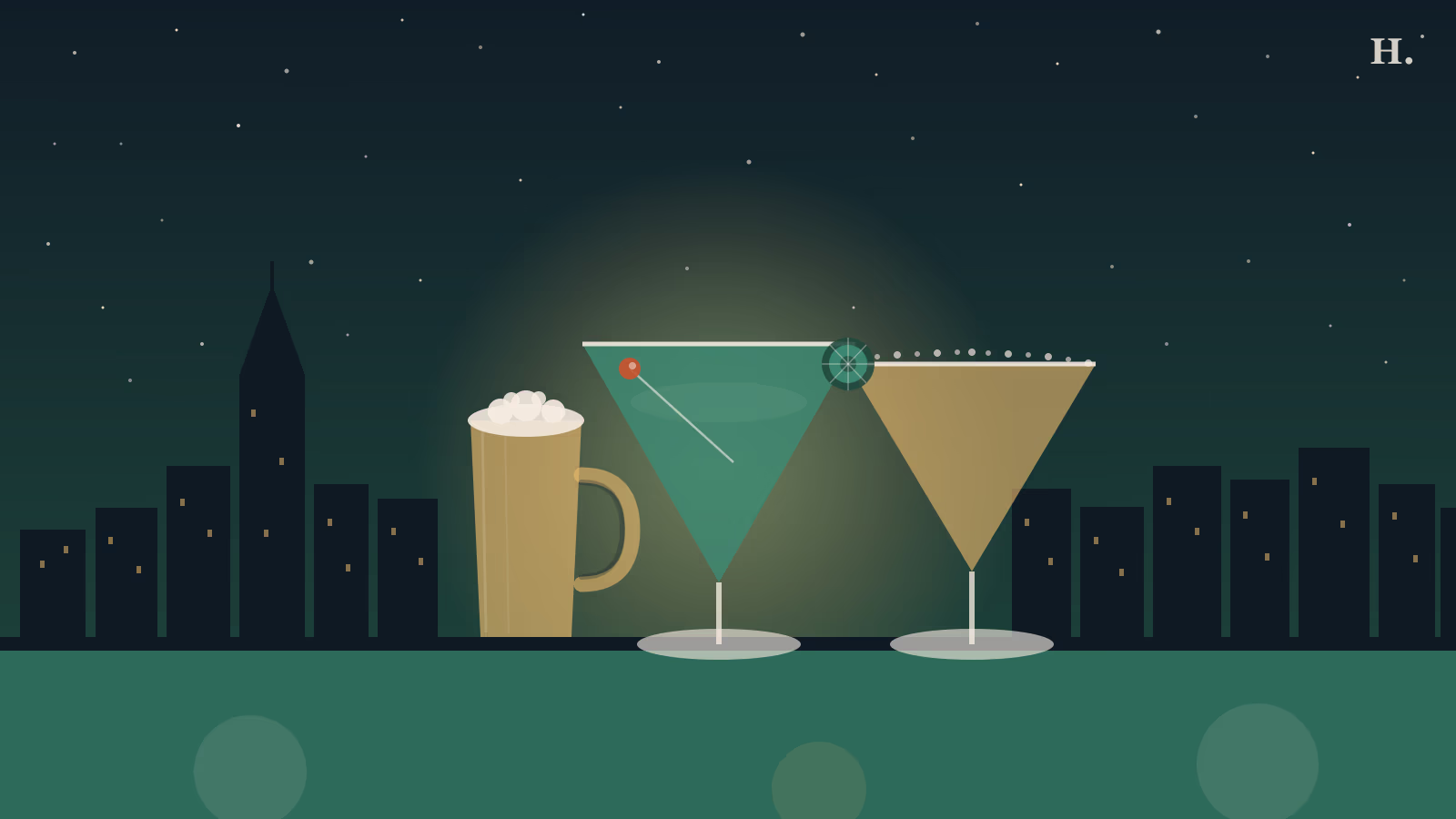 Three cocktail glasses — beer pint, martini and margarita — against a Houston night sky for Spring TX happy hours