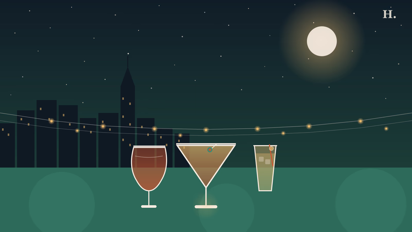Three cocktail glasses at happy hours in The Woodlands under a night-sky skyline