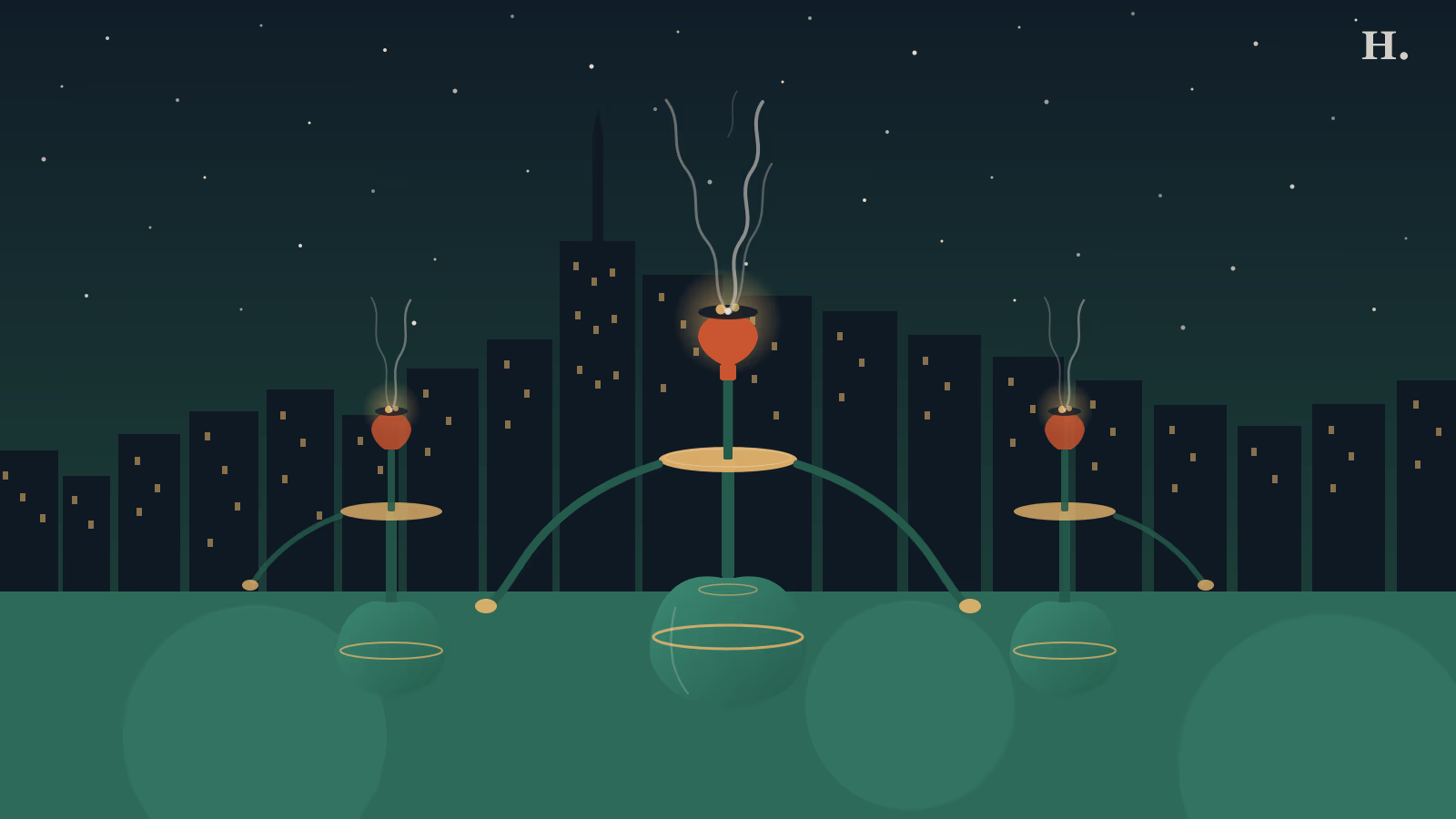 Best hookah lounges in Houston illustration: three hookah pipes silhouetted against a night skyline with smoke rising