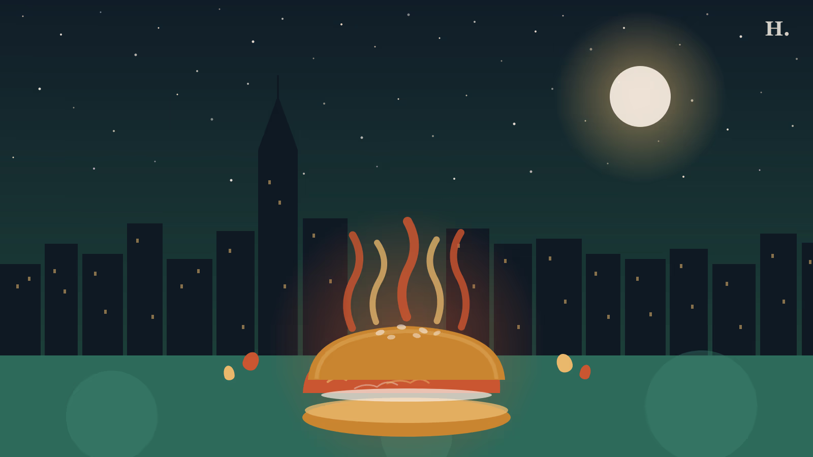 Hot chicken houston: spicy Nashville fried chicken sandwich with flames above the Houston skyline at night