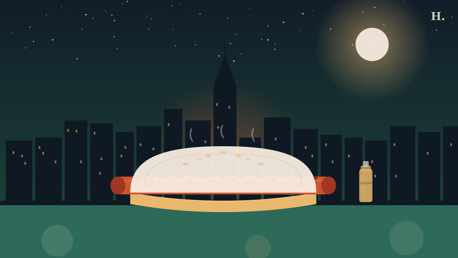 Best hot dogs in Houston: steaming chili frank on sesame bun under the night skyline