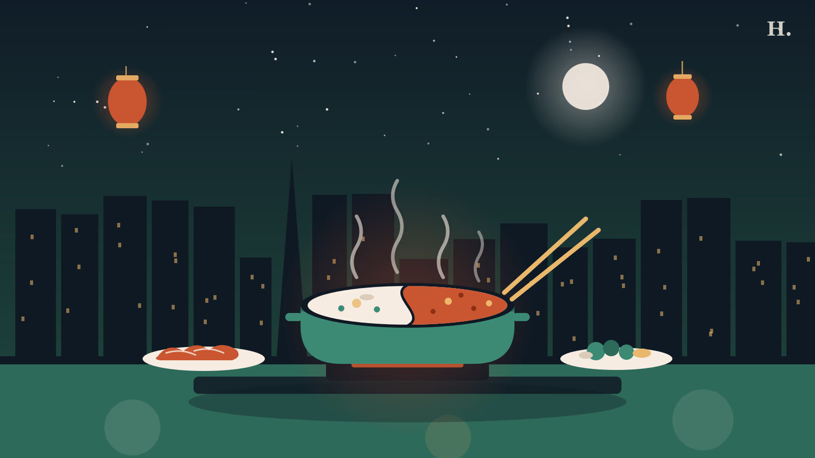 Hot pot Houston illustration: split spicy and mild broth pot, chopsticks and lanterns over the skyline