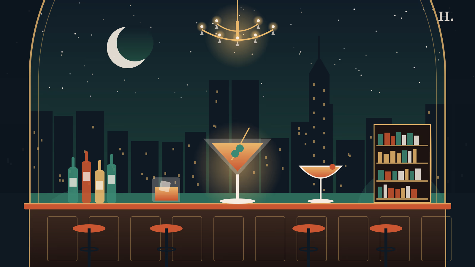 Best hotel bars Houston illustration: martini under a chandelier, skyline and a bookcase door
