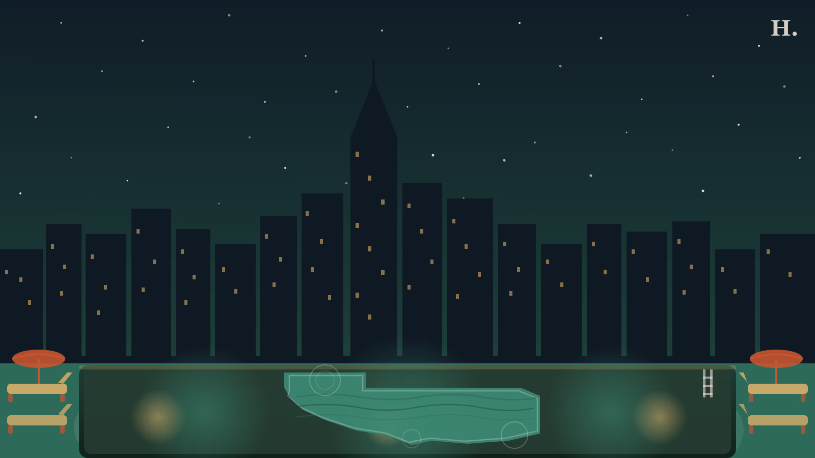 Texas-shaped hotel pool lazy river at night with Houston downtown skyline silhouette and pool deck lounge chairs