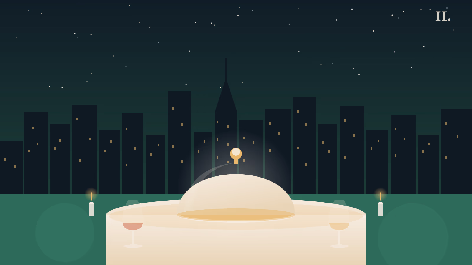 Hotel restaurant serving cloche and wine glasses against the Houston night skyline